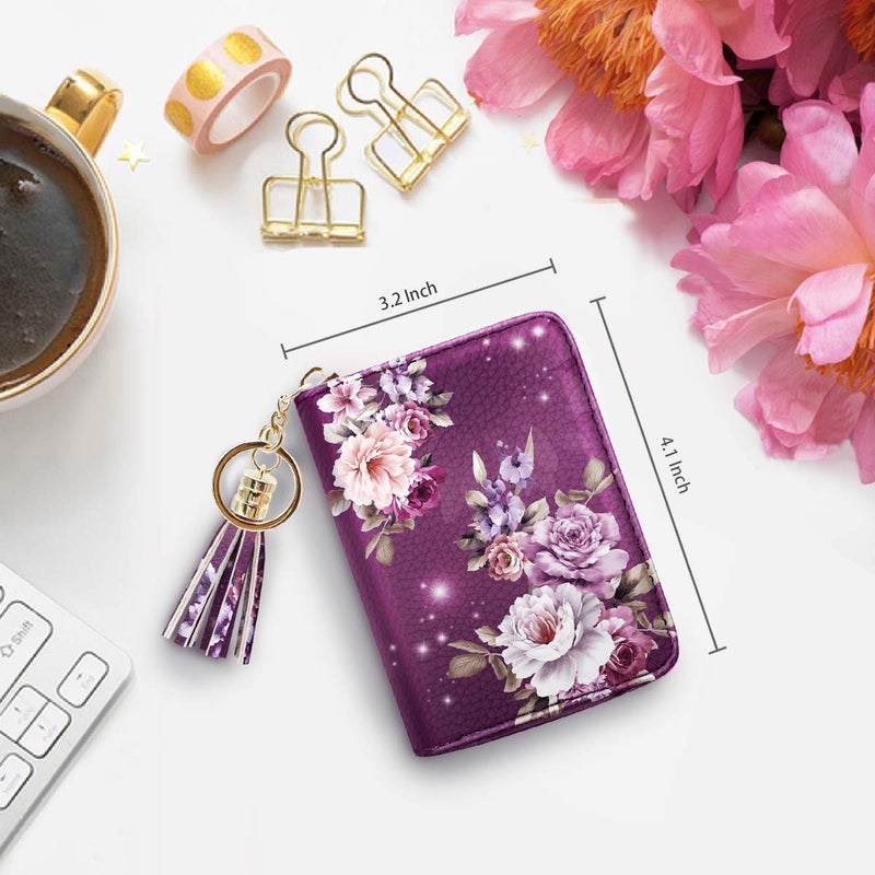 Coco Rossi Women's Small Credit Card Wallet RFID Cute Flower Card Holder for Women, Purple Flower - Image 4